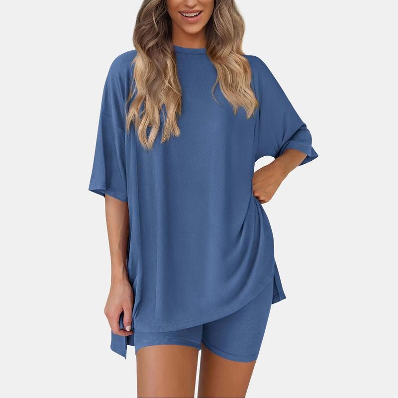 Women's Summer Two-Piece Set 2025 Casual Oversized Crewneck Split Hem Shirts Side Pocket Biker Shorts Matching Airport Travel Outfit Basic Lounge Womenswear Clothes