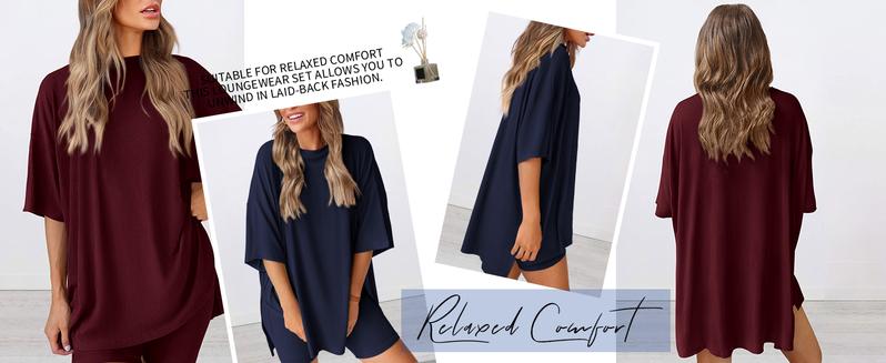 Women's Summer Two-Piece Set 2025 Casual Oversized Crewneck Split Hem Shirts Side Pocket Biker Shorts Matching Airport Travel Outfit Basic Lounge Womenswear Clothes