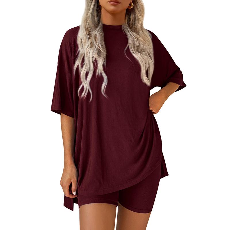 Women's Summer Two-Piece Set 2025 Casual Oversized Crewneck Split Hem Shirts Side Pocket Biker Shorts Matching Airport Travel Outfit Basic Lounge Womenswear Clothes