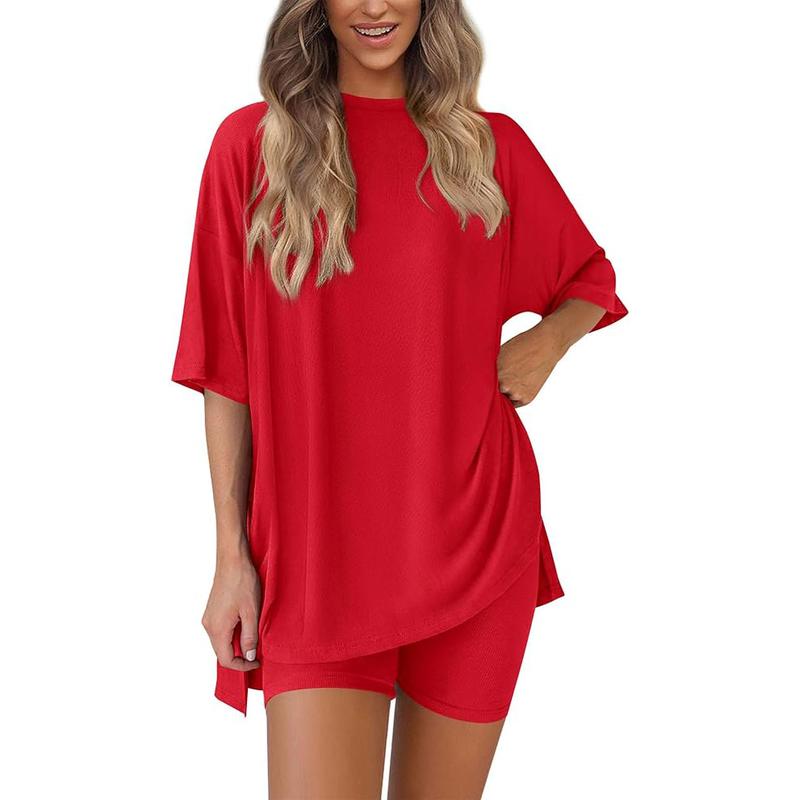 Women's Summer Two-Piece Set 2025 Casual Oversized Crewneck Split Hem Shirts Side Pocket Biker Shorts Matching Airport Travel Outfit Basic Lounge Womenswear Clothes