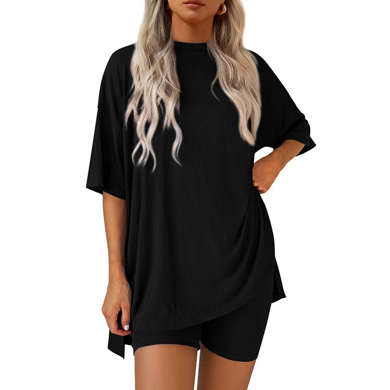 Women's Summer Two-Piece Set 2025 Casual Oversized Crewneck Split Hem Shirts Side Pocket Biker Shorts Matching Airport Travel Outfit Basic Lounge Womenswear Clothes