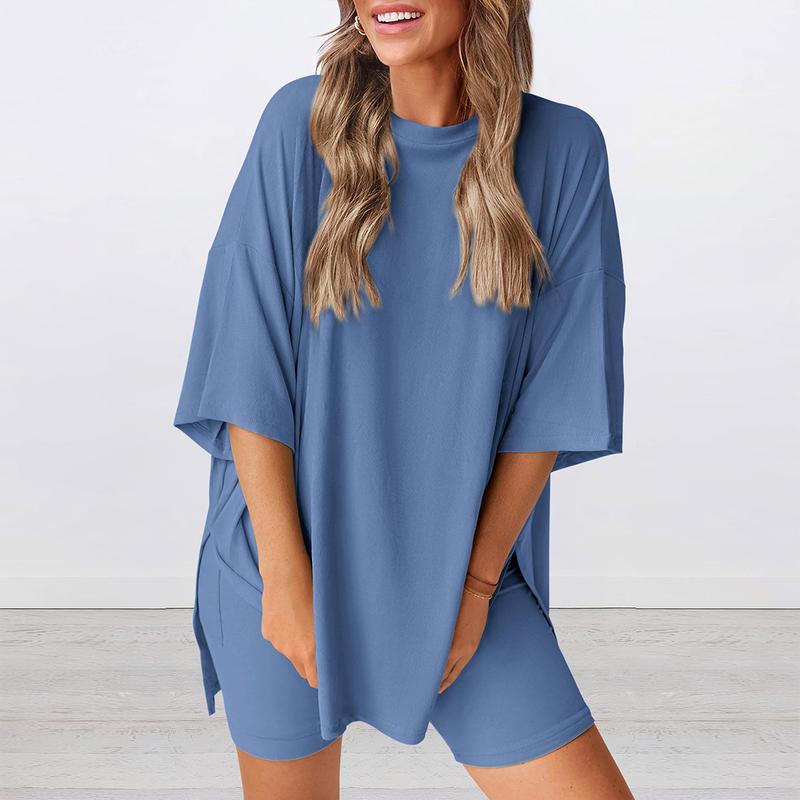 Women's Summer Two-Piece Set 2025 Casual Oversized Crewneck Split Hem Shirts Side Pocket Biker Shorts Matching Airport Travel Outfit Basic Lounge Womenswear Clothes