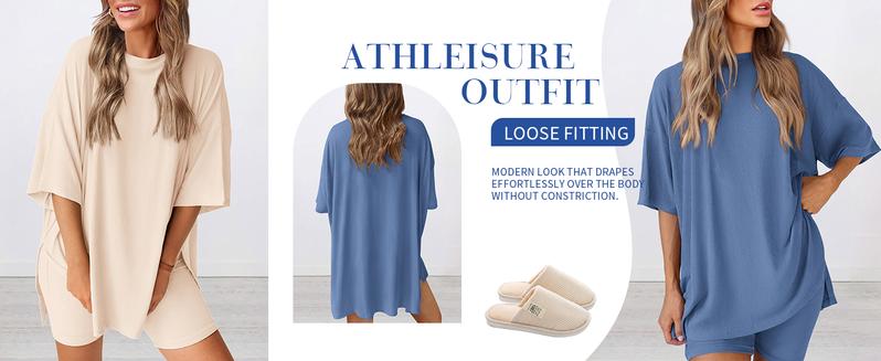 Women's Summer Two-Piece Set 2025 Casual Oversized Crewneck Split Hem Shirts Side Pocket Biker Shorts Matching Airport Travel Outfit Basic Lounge Womenswear Clothes
