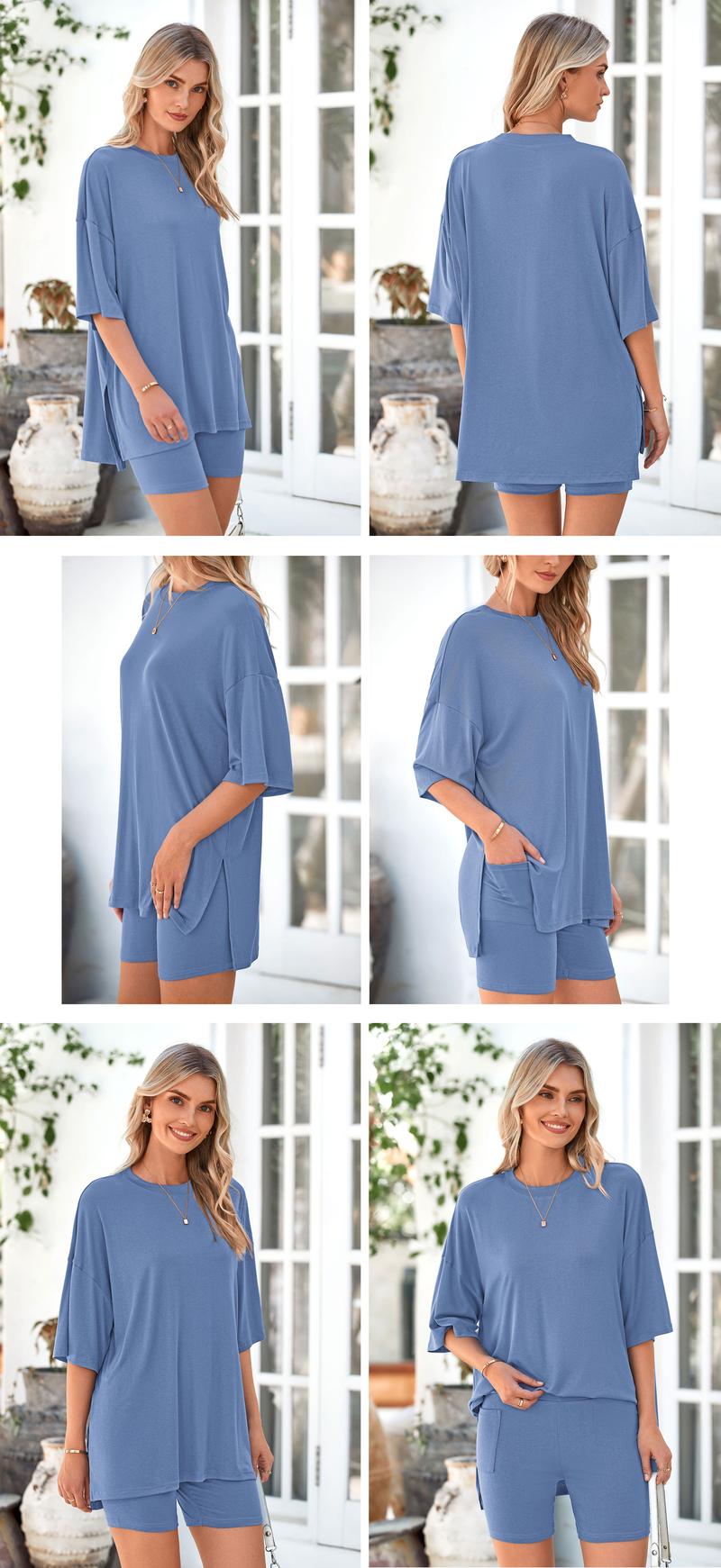 Women's Summer Two-Piece Set 2025 Casual Oversized Crewneck Split Hem Shirts Side Pocket Biker Shorts Matching Airport Travel Outfit Basic Lounge Womenswear Clothes