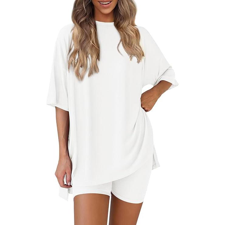 Women's Summer Two-Piece Set 2025 Casual Oversized Crewneck Split Hem Shirts Side Pocket Biker Shorts Matching Airport Travel Outfit Basic Lounge Womenswear Clothes
