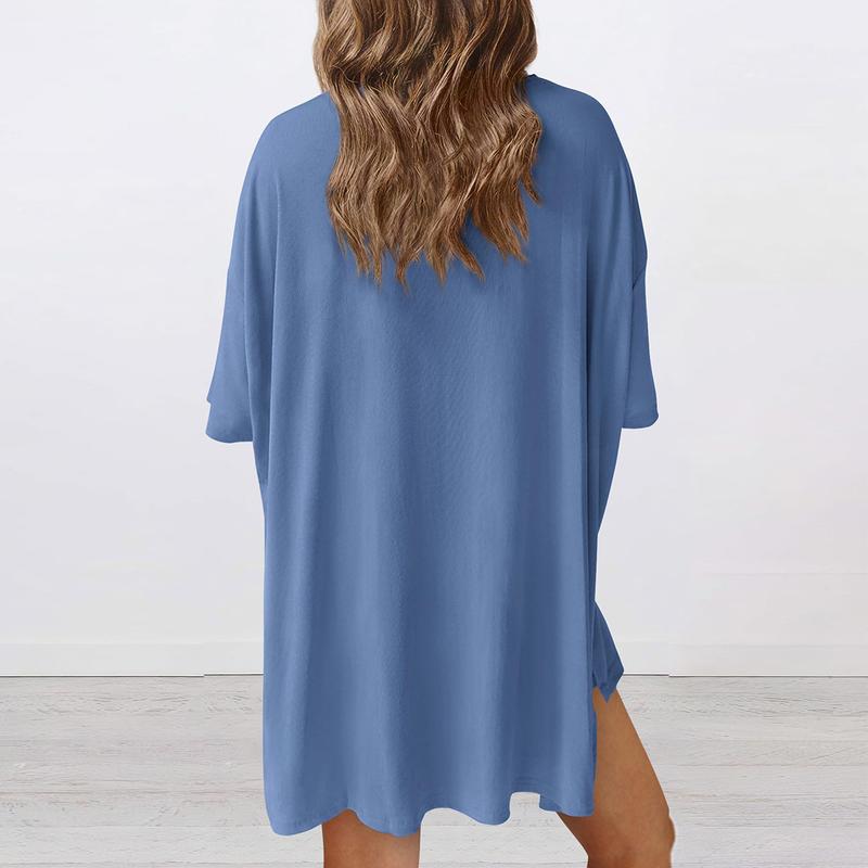 Women's Summer Two-Piece Set 2025 Casual Oversized Crewneck Split Hem Shirts Side Pocket Biker Shorts Matching Airport Travel Outfit Basic Lounge Womenswear Clothes