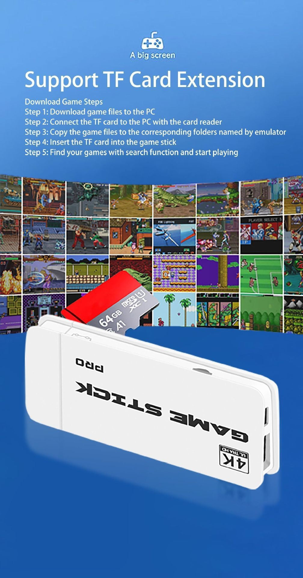 Retro Game Stick, with over 30,000 games, 4K wireless HDMI output, plug and play, supports including 18 emulator console communication cables