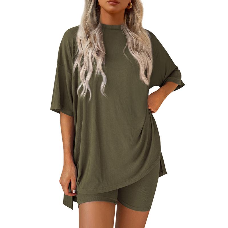 Women's Summer Two-Piece Set 2025 Casual Oversized Crewneck Split Hem Shirts Side Pocket Biker Shorts Matching Airport Travel Outfit Basic Lounge Womenswear Clothes