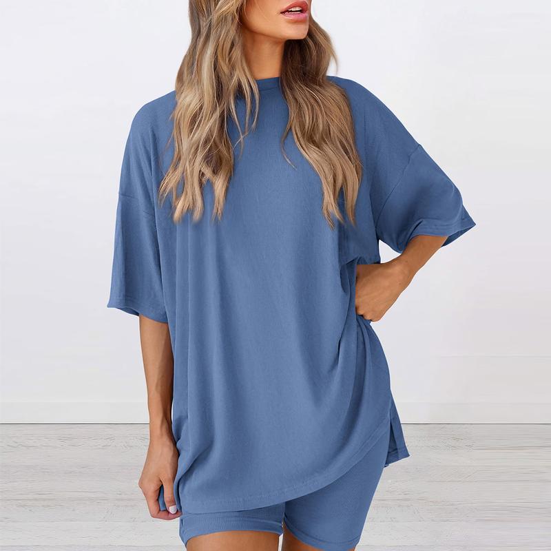 Women's Summer Two-Piece Set 2025  Casual Oversized Crewneck Split Hem Shirts Side Pocket Biker Shorts Matching Airport Travel Outfit Basic Lounge Womenswear Clothes