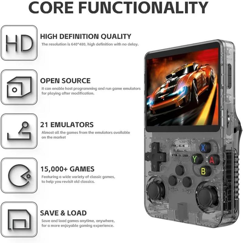 R36S Retro Video Handheld Game Console with Linux System 3.5 in IPS Screen 3000mAh Battery 64G TF Card Pre-installed Games Protection Black
