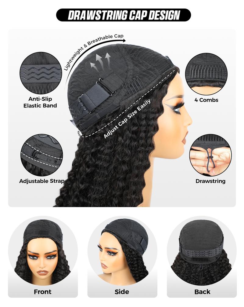 [3 In 1 Half Wig] Afro Curly Glueless Half Wig 180% 250% Density Upgrade With Drawstring Cap Invisible Hairline Human Hair Wigs Beginner Friendly