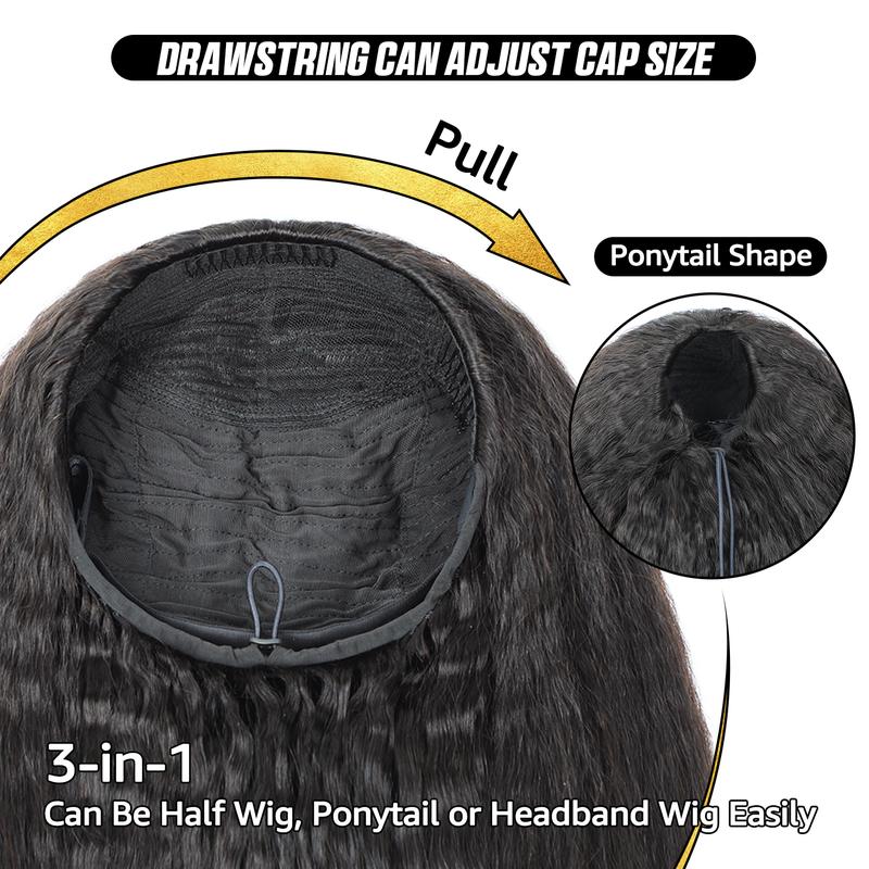 [3 In 1 Half Wig] Afro Curly Glueless Half Wig 180% 250% Density Upgrade With Drawstring Cap Invisible Hairline Human Hair Wigs Beginner Friendly