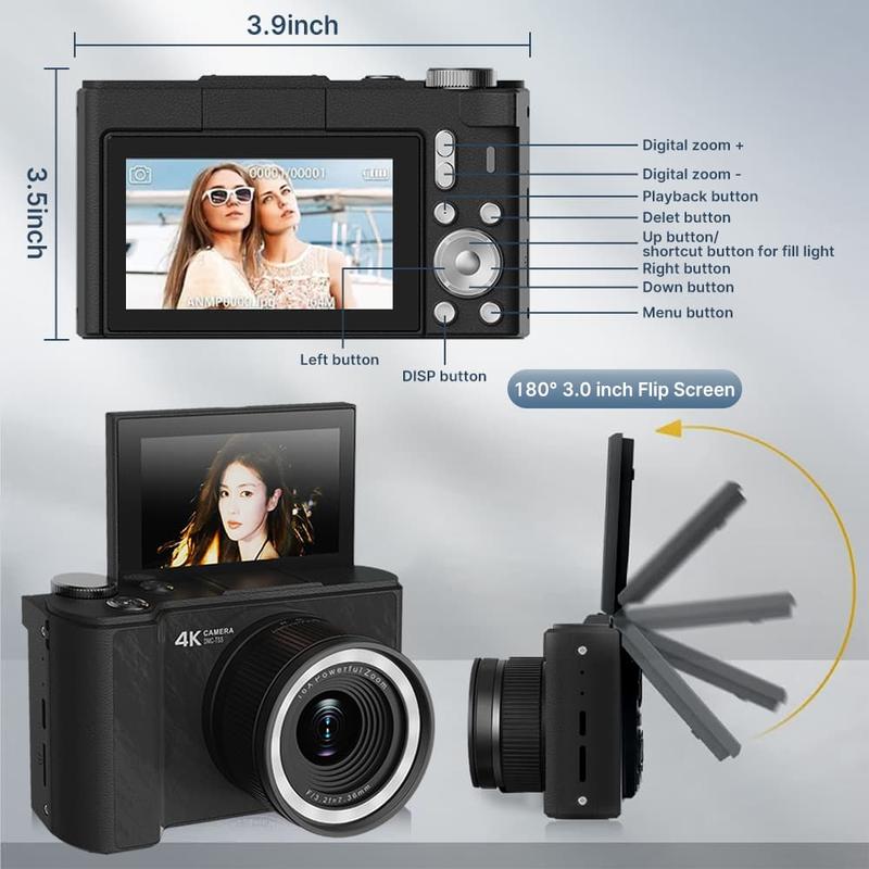 4K Photography Digital Camera, Foldable Screen Portable Camera, Equipped with 32GB SD Card