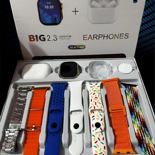 10-in-1 Smar twatch Kit : Includes Smart watch, Bluetooth Earbuds, 7 Interchangeable Bands, Wireless Watch Charger, Protective Case & Audio Support – Compact, Portable & Perfect Gift for Men & Women