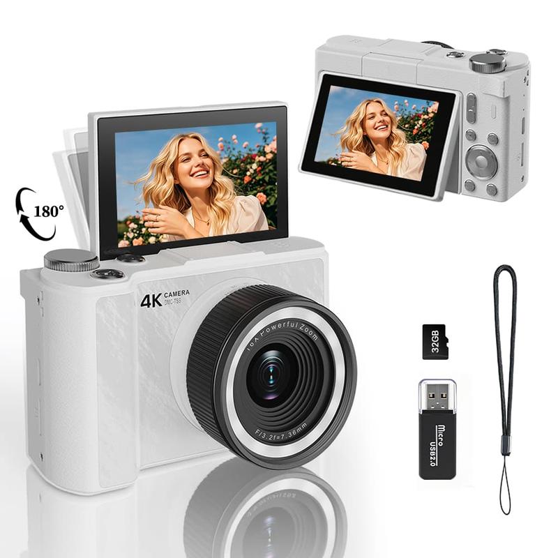 4K Photography Digital Camera, Foldable Screen Portable Camera, Equipped with 32GB SD Card