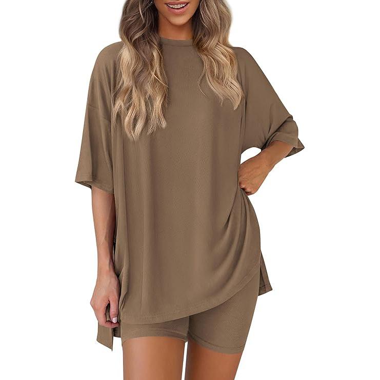 Women's Summer Two-Piece Set 2025  Casual Oversized Crewneck Split Hem Shirts Side Pocket Biker Shorts Matching Airport Travel Outfit Basic Lounge Womenswear Clothes