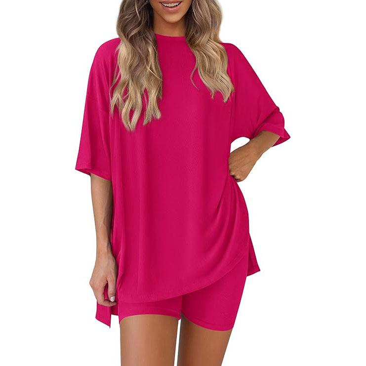 Women's Summer Two-Piece Set 2025  Casual Oversized Crewneck Split Hem Shirts Side Pocket Biker Shorts Matching Airport Travel Outfit Basic Lounge Womenswear Clothes