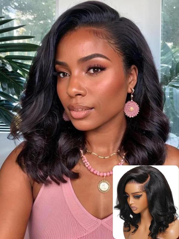 A Anytime 180% Density Lace Front Bobs Pre Styled Wig Human Hair 13x4 Transparent Lace Front Natural Wave Wig Human Hair Pre Plucked Wear and Go Wigs Human Hair 10-16 Inch Short Bob Wigs for Women
