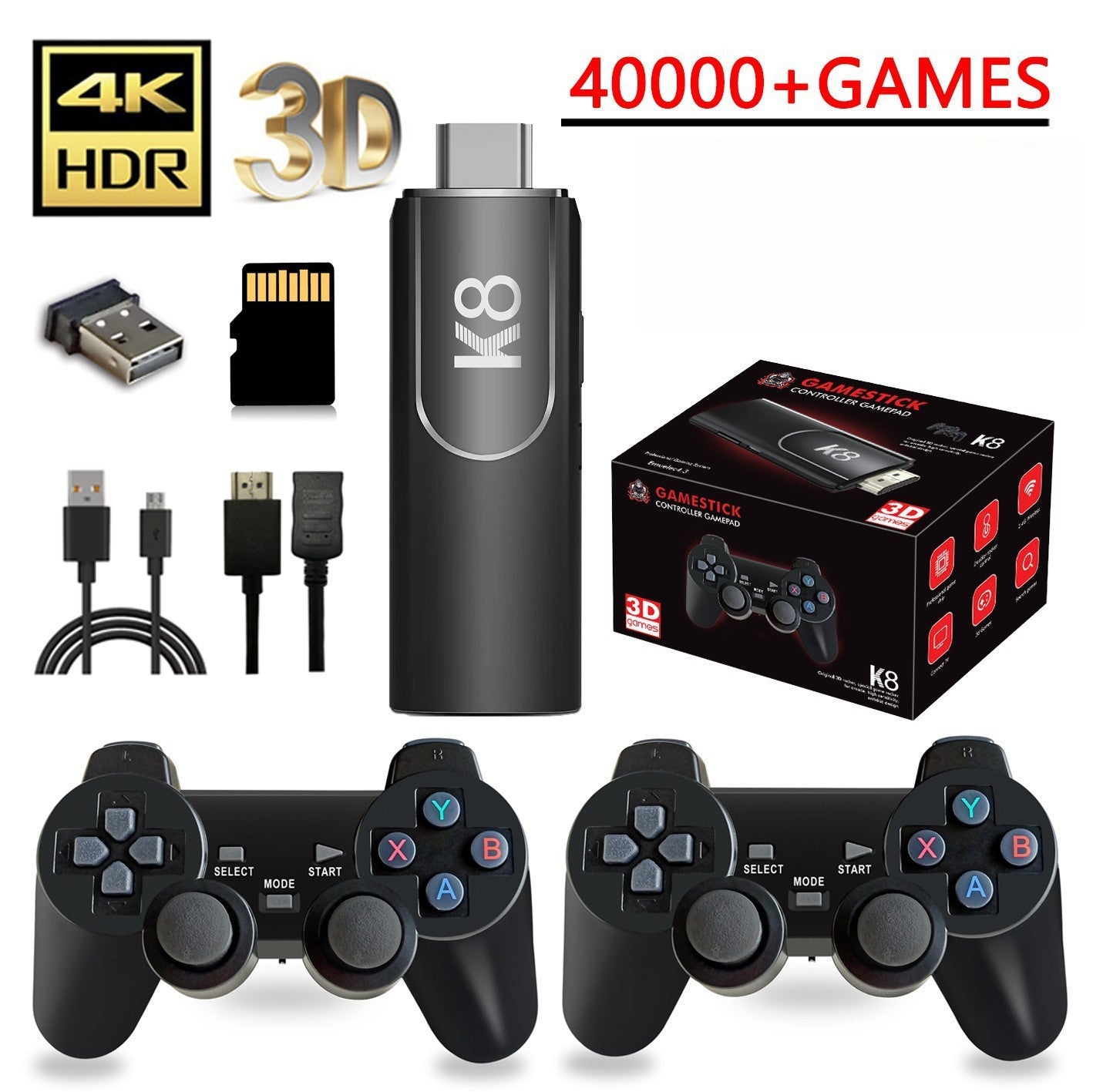 Retro Game Stick, with over 40,000 games, 4K wireless HDMI output, plug and play, supports including 18 emulator console communication cables