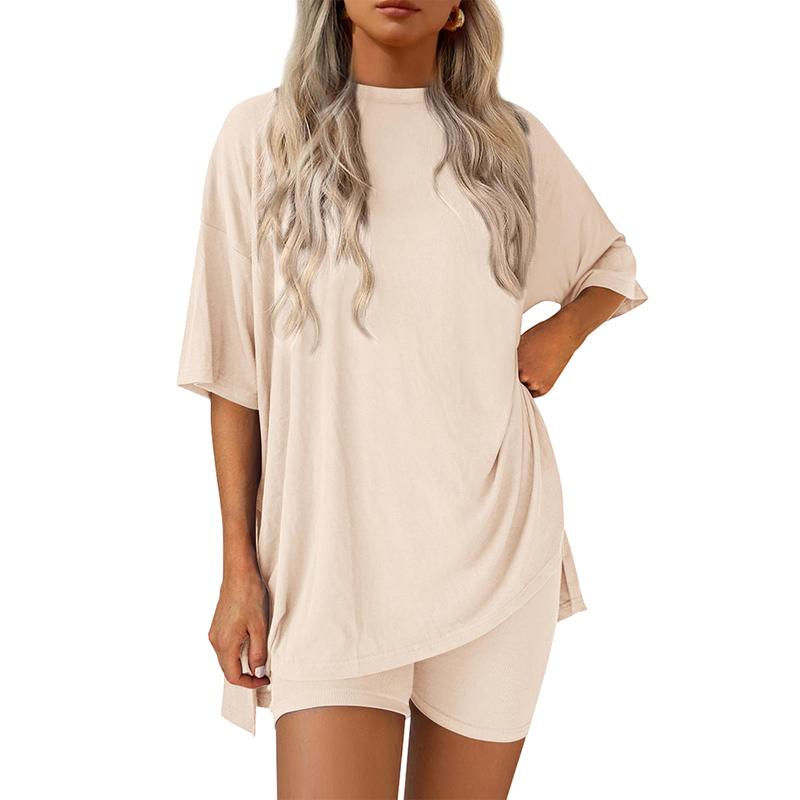 Women's Summer Two-Piece Set 2025  Casual Oversized Crewneck Split Hem Shirts Side Pocket Biker Shorts Matching Airport Travel Outfit Basic Lounge Womenswear Clothes