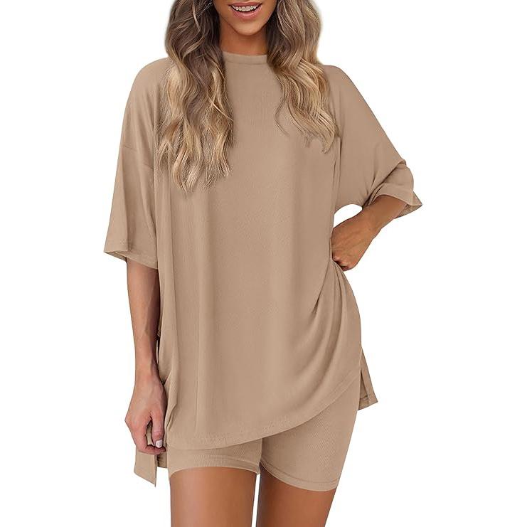 Women's Summer Two-Piece Set 2025  Casual Oversized Crewneck Split Hem Shirts Side Pocket Biker Shorts Matching Airport Travel Outfit Basic Lounge Womenswear Clothes