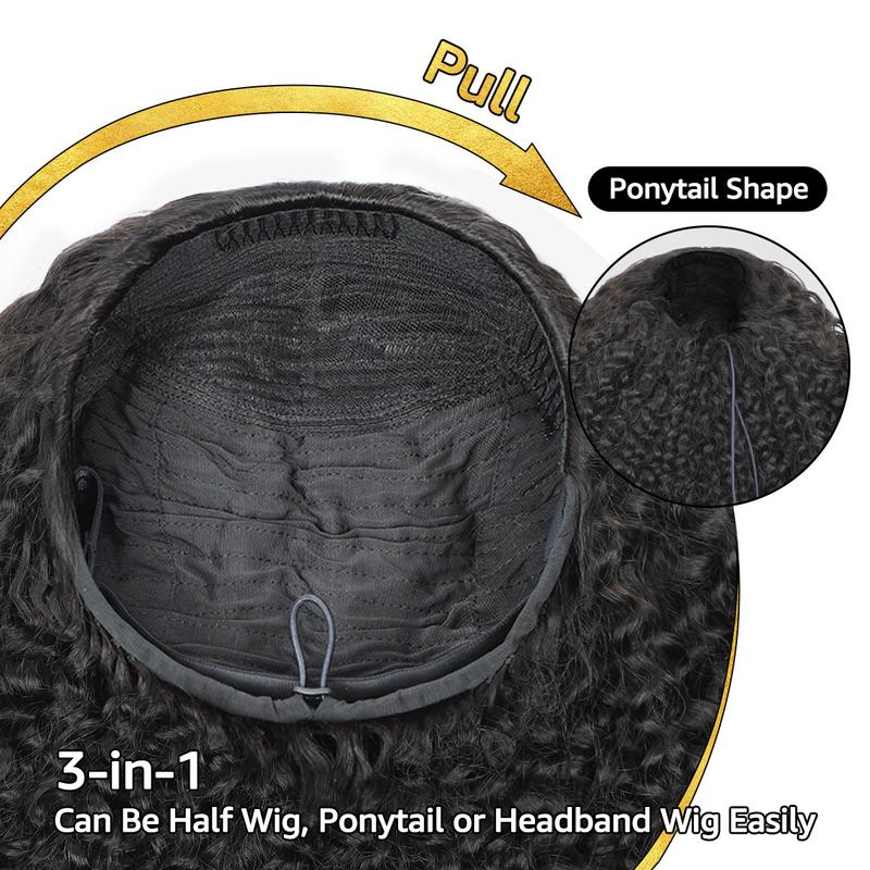 [3 In 1 Half Wig] Afro Curly Glueless Half Wig 180% 250% Density Upgrade With Drawstring Cap Invisible Hairline Human Hair Wigs Beginner Friendly