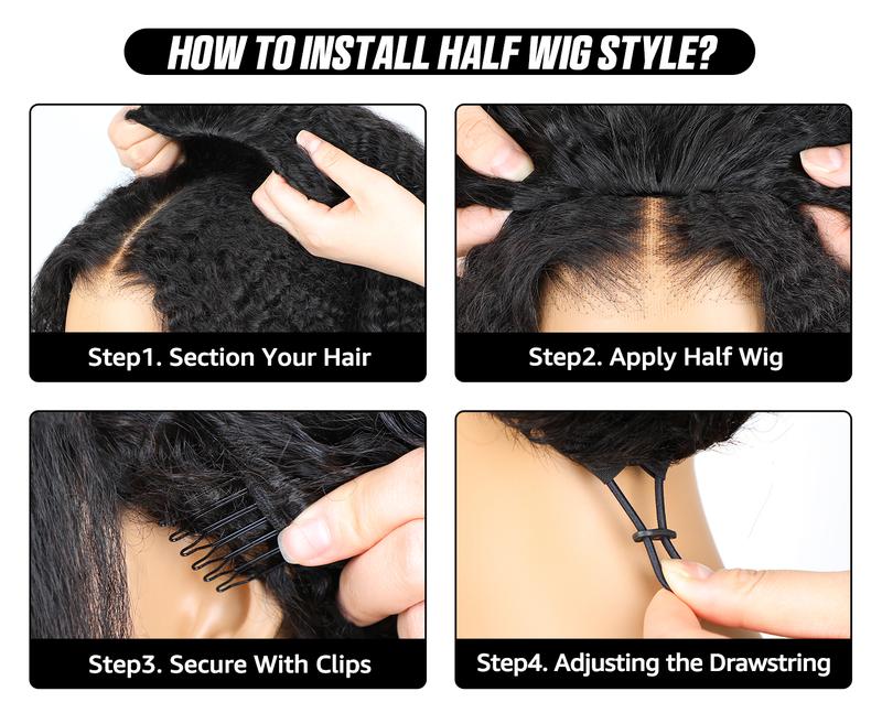 [3 In 1 Half Wig] Afro Curly Glueless Half Wig 180% 250% Density Upgrade With Drawstring Cap Invisible Hairline Human Hair Wigs Beginner Friendly