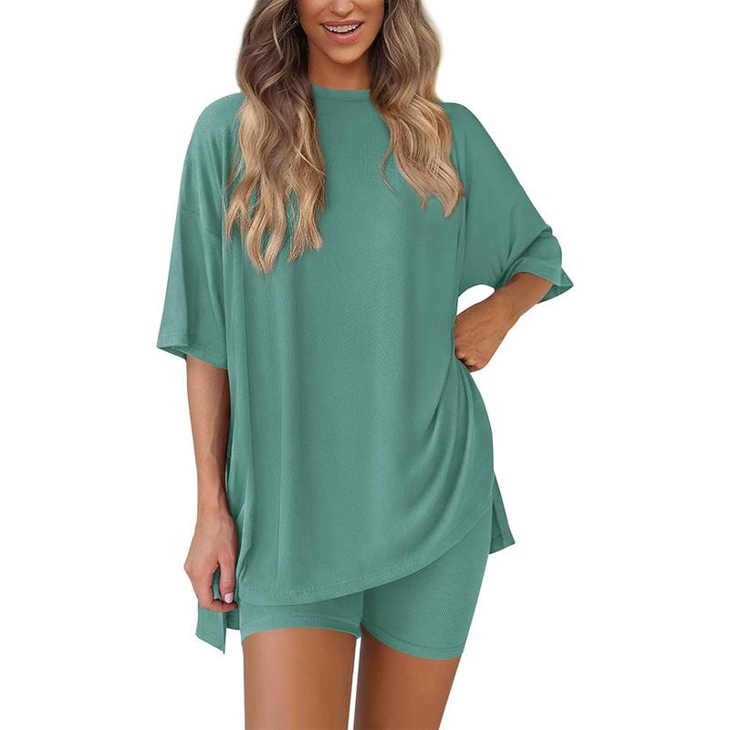 Women's Summer Two-Piece Set 2025  Casual Oversized Crewneck Split Hem Shirts Side Pocket Biker Shorts Matching Airport Travel Outfit Basic Lounge Womenswear Clothes