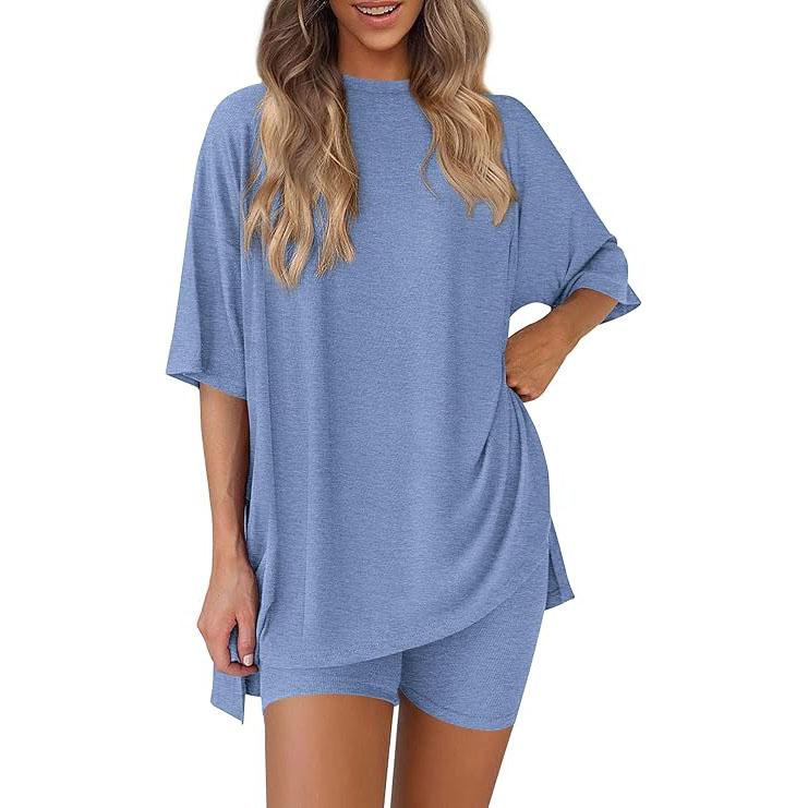 Women's Summer Two-Piece Set 2025  Casual Oversized Crewneck Split Hem Shirts Side Pocket Biker Shorts Matching Airport Travel Outfit Basic Lounge Womenswear Clothes