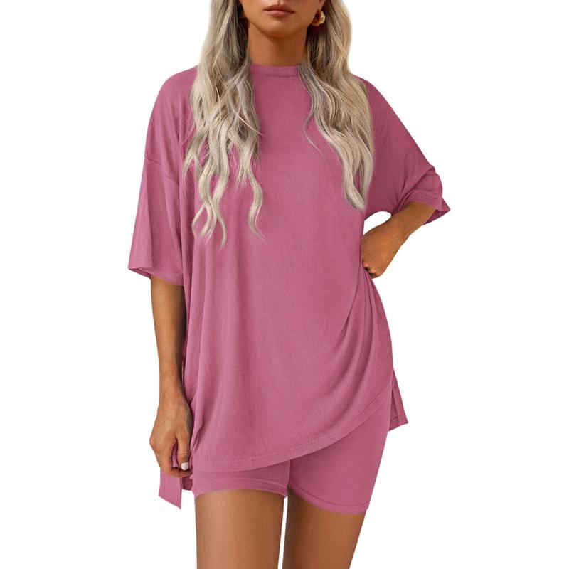 Women's Summer Two-Piece Set 2025  Casual Oversized Crewneck Split Hem Shirts Side Pocket Biker Shorts Matching Airport Travel Outfit Basic Lounge Womenswear Clothes