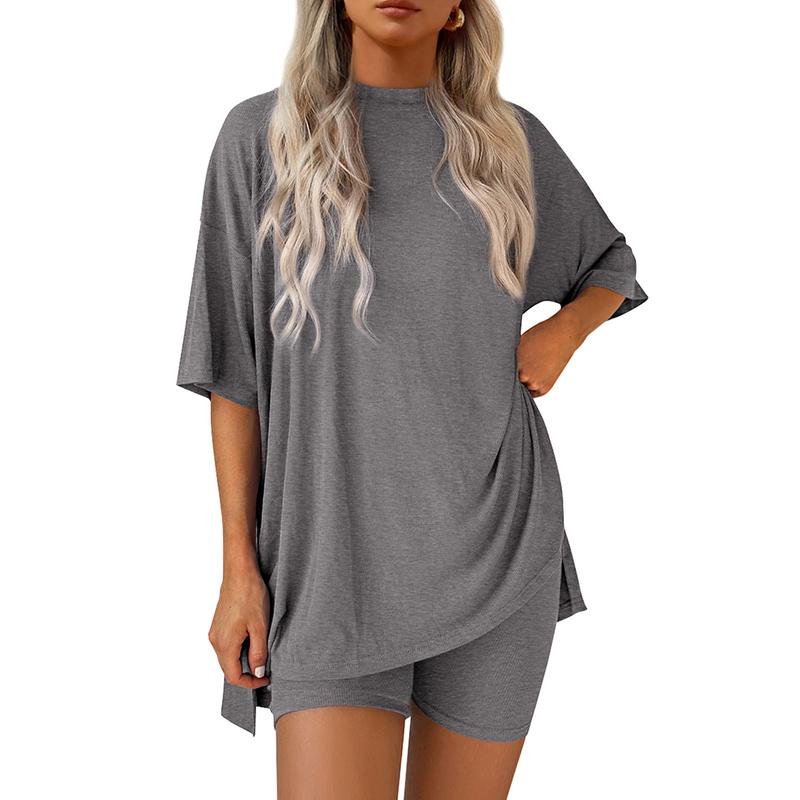 Women's Summer Two-Piece Set 2025  Casual Oversized Crewneck Split Hem Shirts Side Pocket Biker Shorts Matching Airport Travel Outfit Basic Lounge Womenswear Clothes