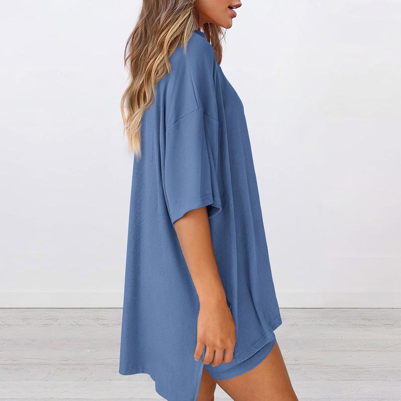 Women's Summer Two-Piece Set 2025  Casual Oversized Crewneck Split Hem Shirts Side Pocket Biker Shorts Matching Airport Travel Outfit Basic Lounge Womenswear Clothes