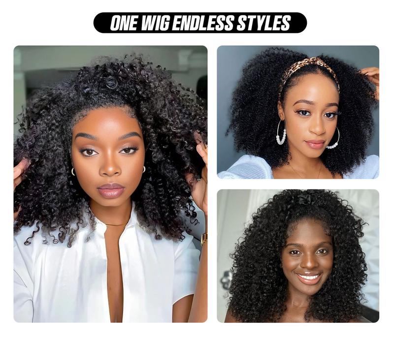 [3 In 1 Half Wig] Afro Curly Glueless Half Wig 180% 250% Density Upgrade With Drawstring Cap Invisible Hairline Human Hair Wigs Beginner Friendly