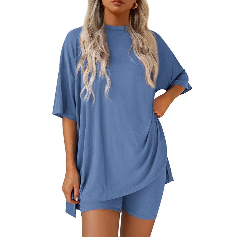 Women's Summer Two-Piece Set 2025  Casual Oversized Crewneck Split Hem Shirts Side Pocket Biker Shorts Matching Airport Travel Outfit Basic Lounge Womenswear Clothes