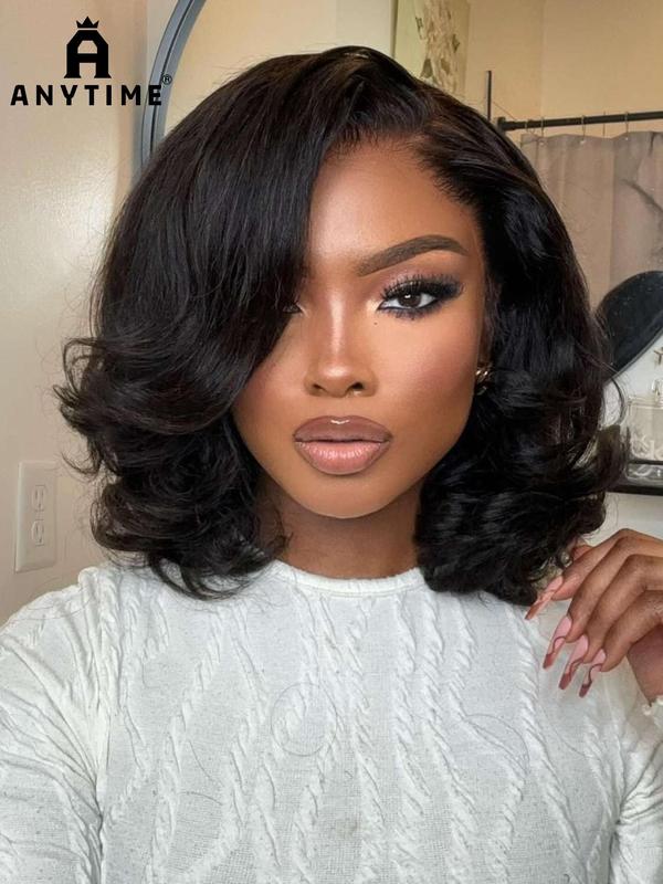 A Anytime 180% Density Lace Front Bobs Pre Styled Wig Human Hair 13x4 Transparent Lace Front Natural Wave Wig Human Hair Pre Plucked Wear and Go Wigs Human Hair 10-16 Inch Short Bob Wigs for Women