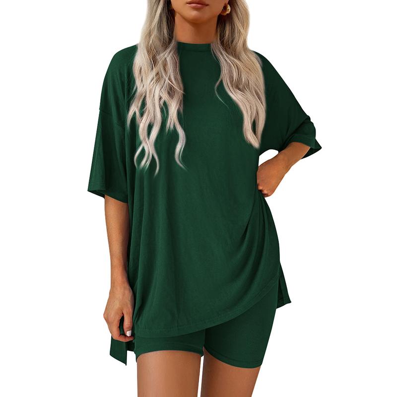 Women's Summer Two-Piece Set 2025  Casual Oversized Crewneck Split Hem Shirts Side Pocket Biker Shorts Matching Airport Travel Outfit Basic Lounge Womenswear Clothes